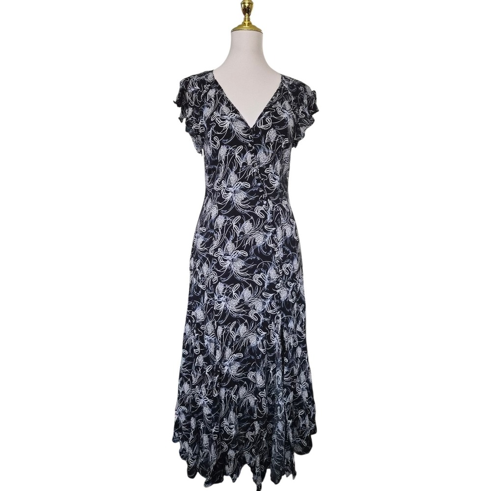 Cinq à Sept Lisette Black White Floral‎ Ruffle Cap Sleeve Dress Size 6